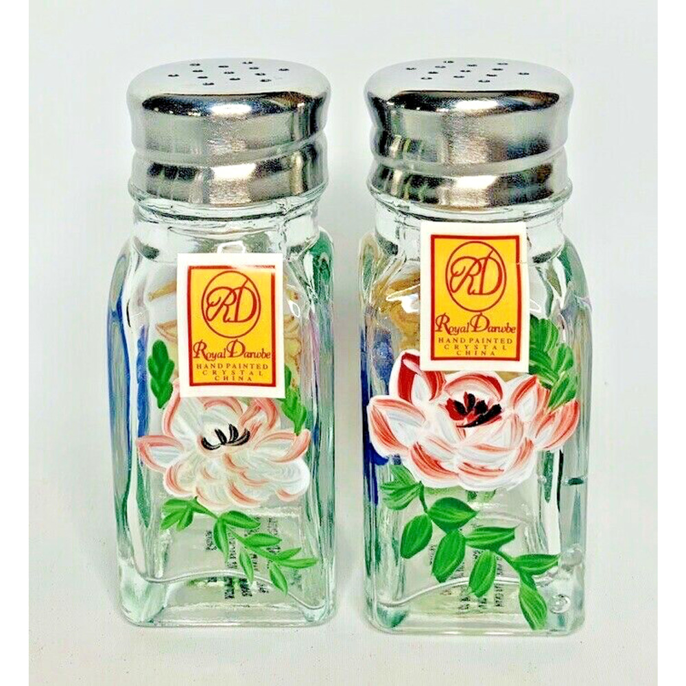 Royal Danube Hand Painted Flower Clear Crystal Salt and Pepper Shakers 3.75"